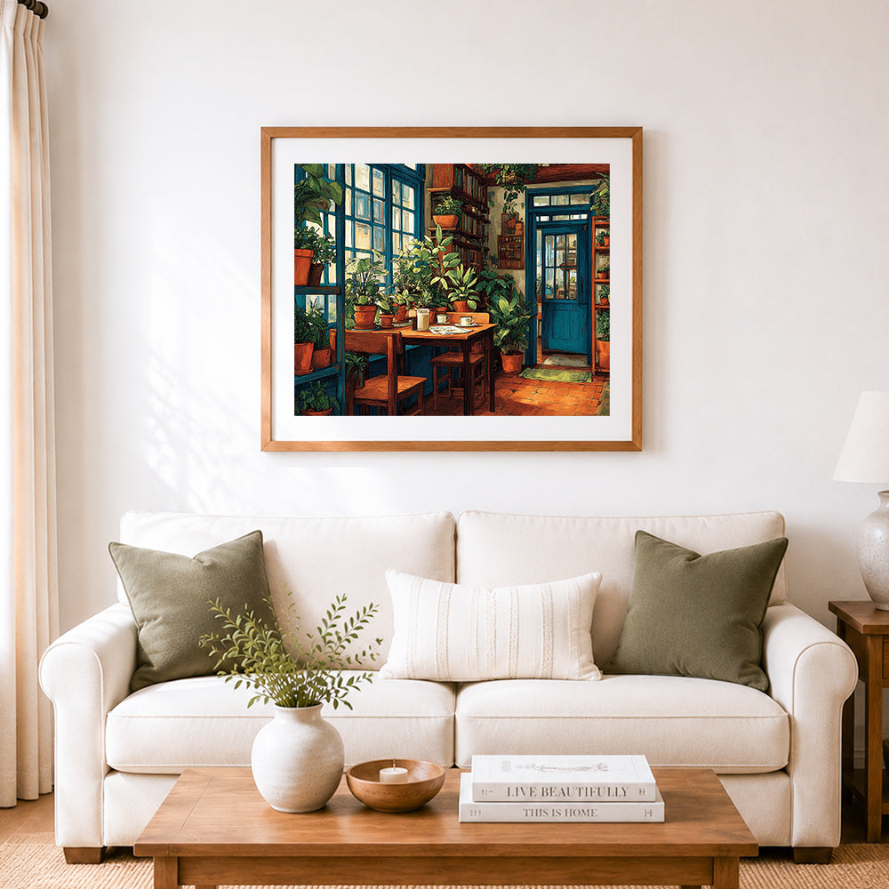 Finished rustic plant‑filled dining space cross stitch artwork displayed as home decor