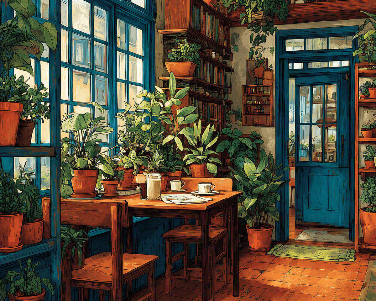 Rustic plant‑filled dining space cross stitch kit for beginners