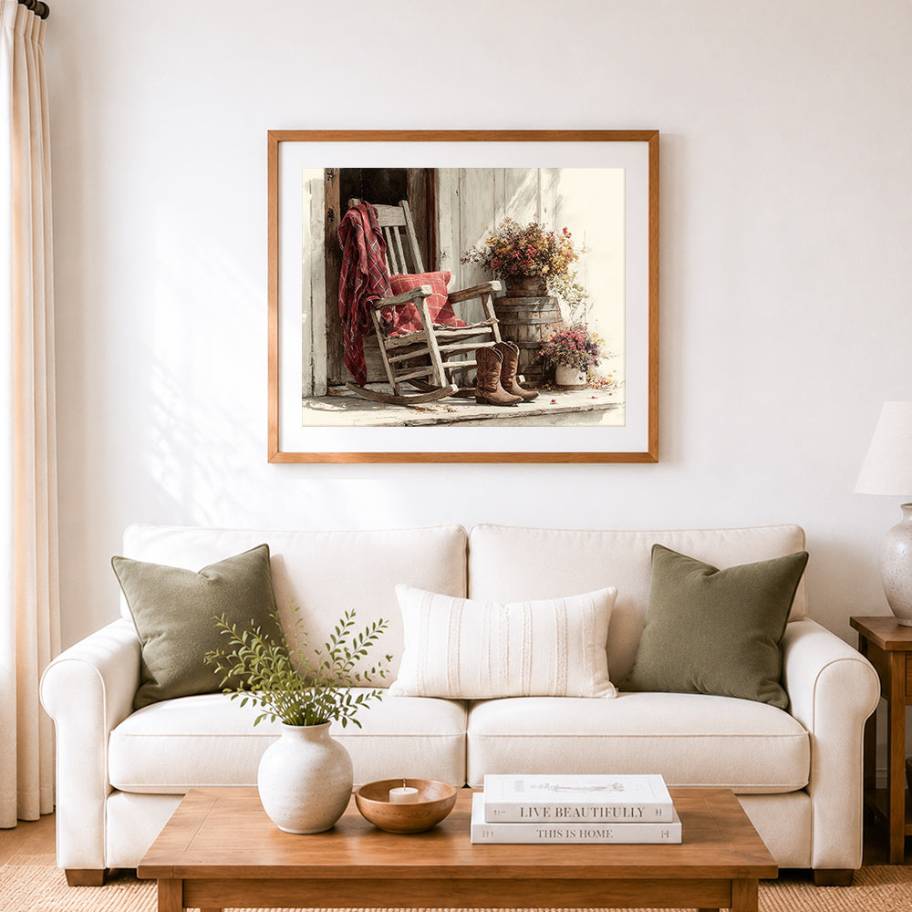 Finished rustic porch autumn vibes cross stitch artwork displayed as home decor