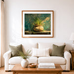 Finished rustic potted greenery cross stitch artwork displayed as home decor
