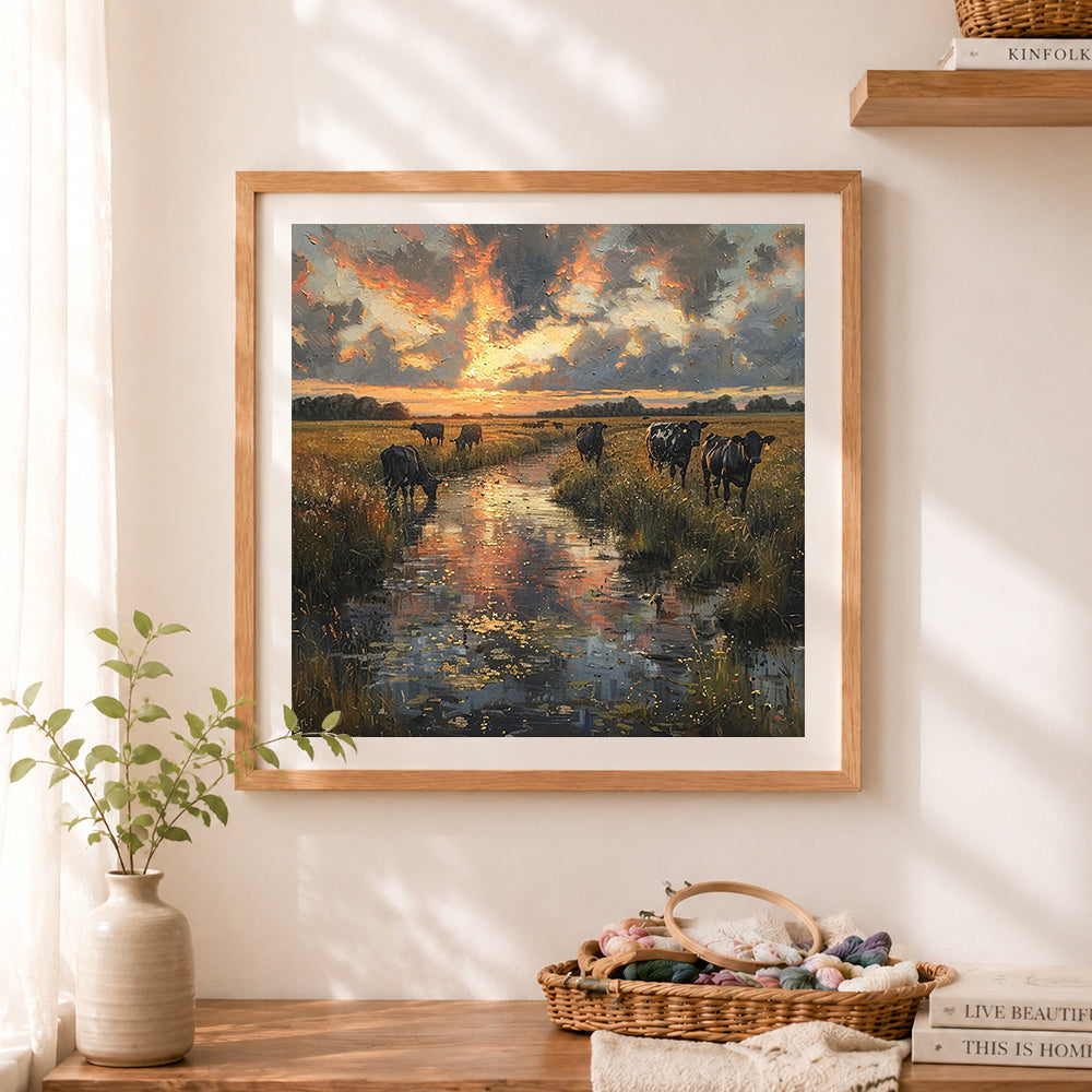 Finished rustic sunset pasture cross stitch artwork displayed as home decor