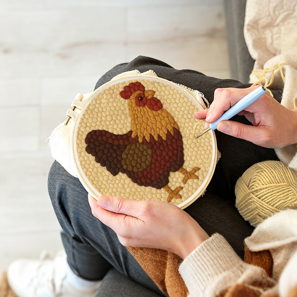 Creating handmade rustic vintage rooster punch needle artwork
