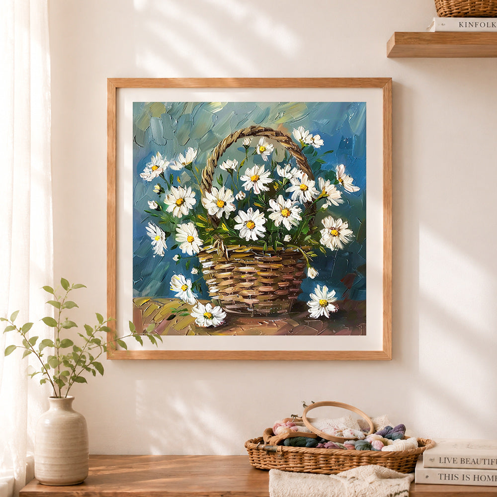 Finished rustic wicker basket of daisies cross stitch artwork displayed as home decor