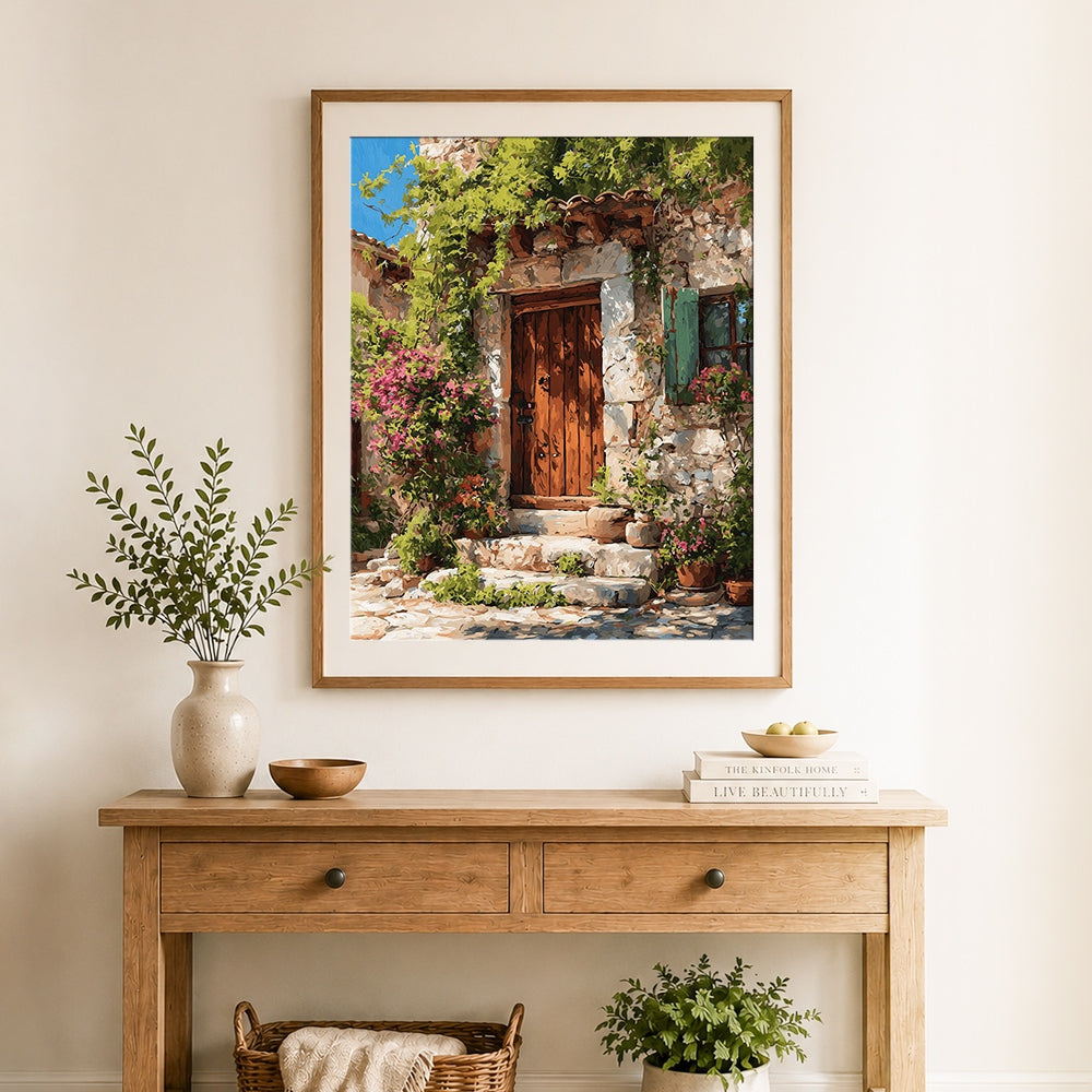 Finished rustic wooden door with pink flowers and stone wall cross stitch artwork displayed as home decor
