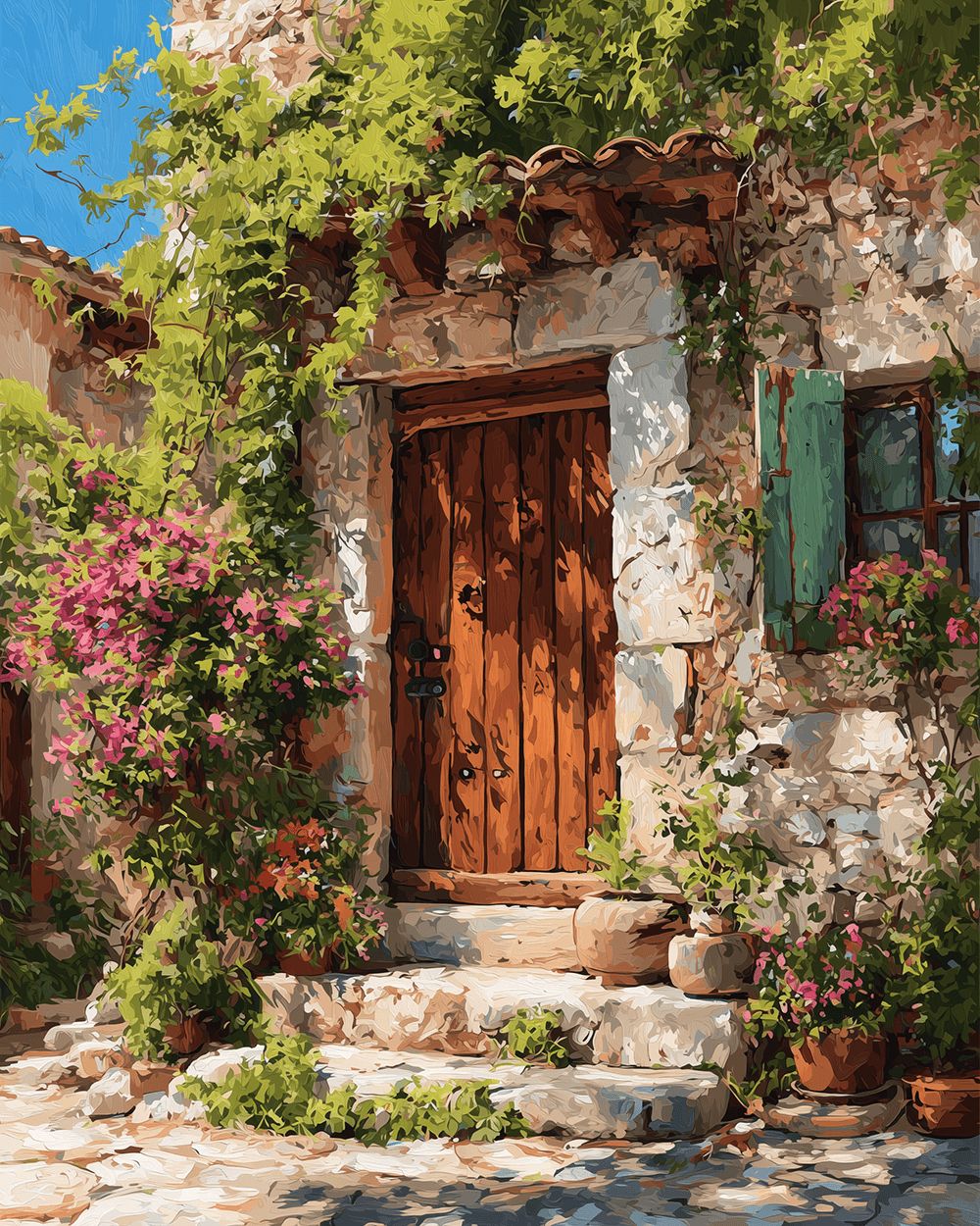 Rustic wooden door with pink flowers and stone wall cross stitch kit for beginners