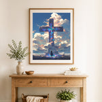 Finished sacred cross view cross stitch artwork displayed as home decor