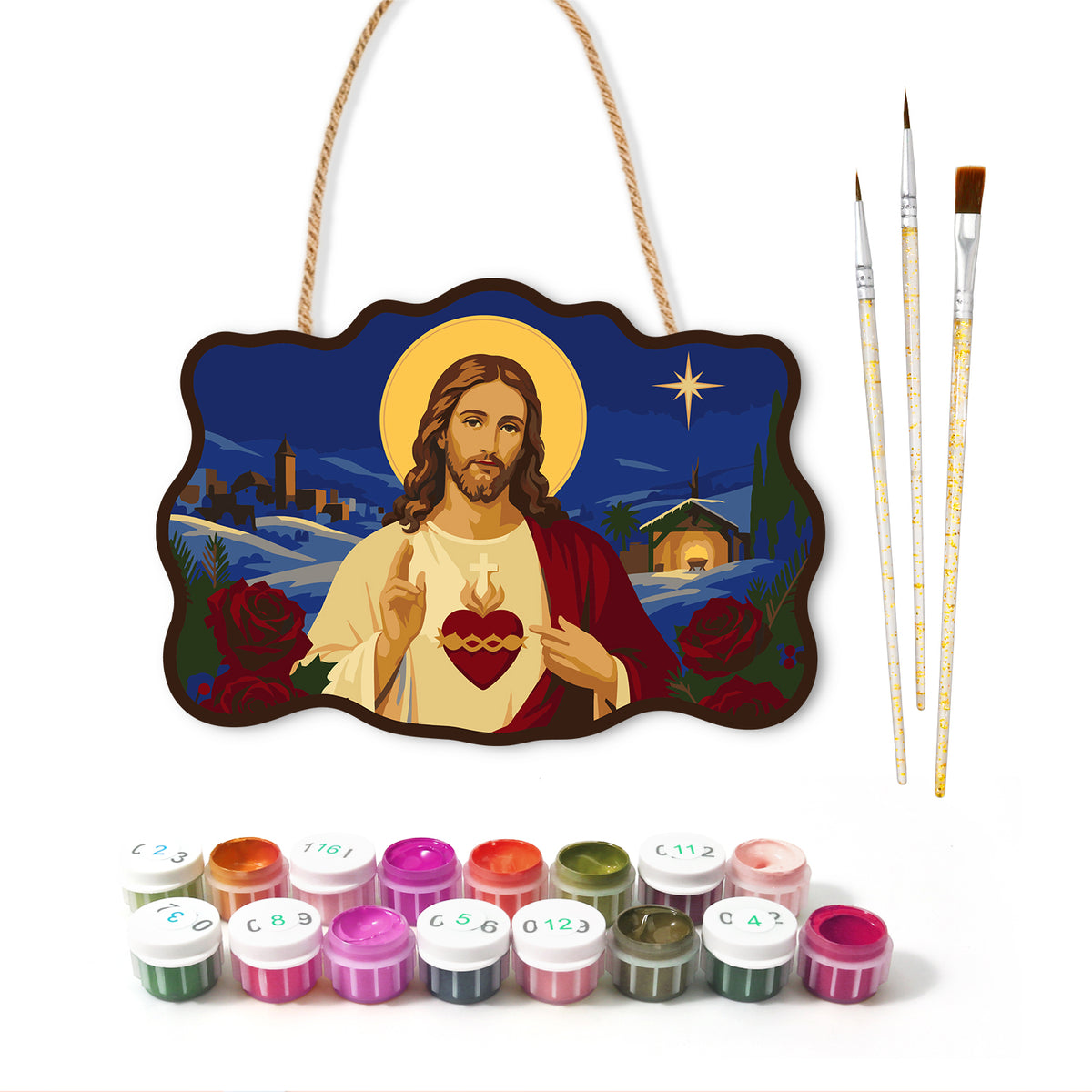 Sacred heart blessing paint by numbers door hanger with paints and brushes