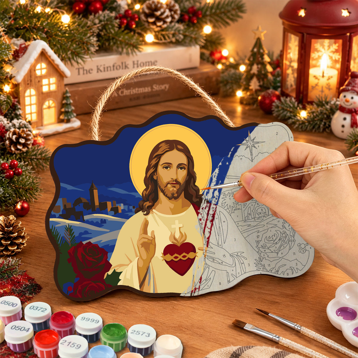 Sacred heart blessing paint by numbers door hanger painting process