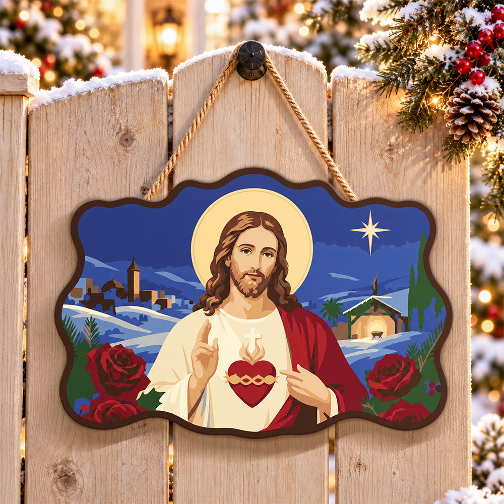 Sacred heart blessing paint by numbers door hanger on a garden gate