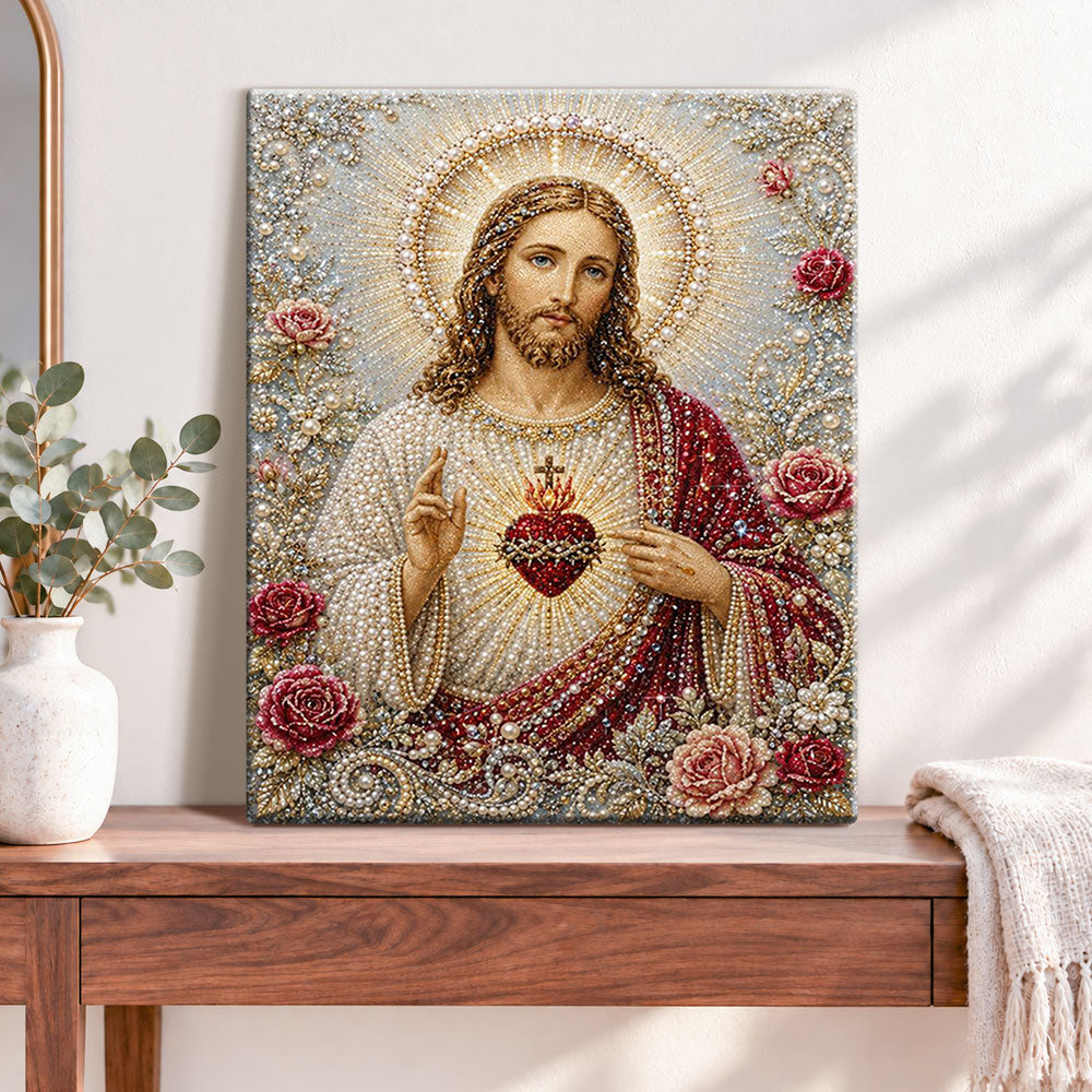 Finished sacred heart blessing pearl diamond painting artwork displayed as home decor