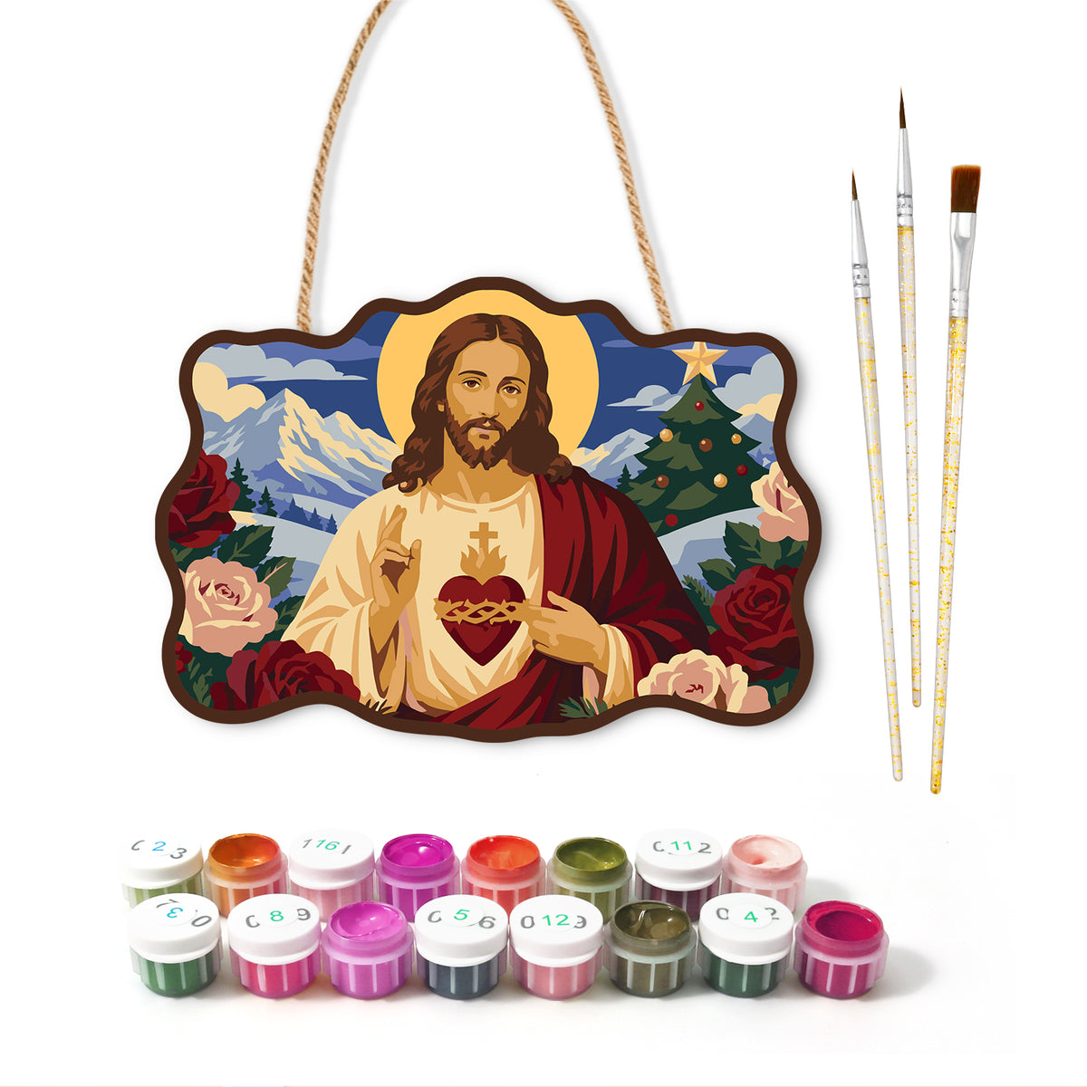 Sacred heart holiday paint by numbers door hanger with paints and brushes