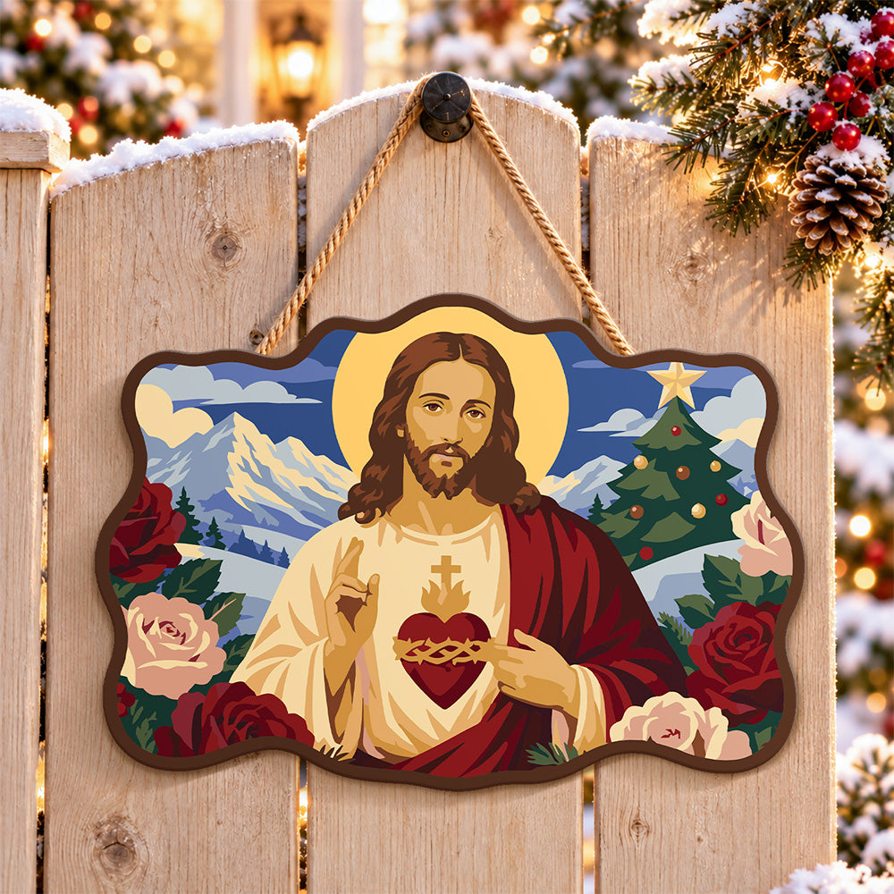 Sacred heart holiday paint by numbers door hanger on a garden gate
