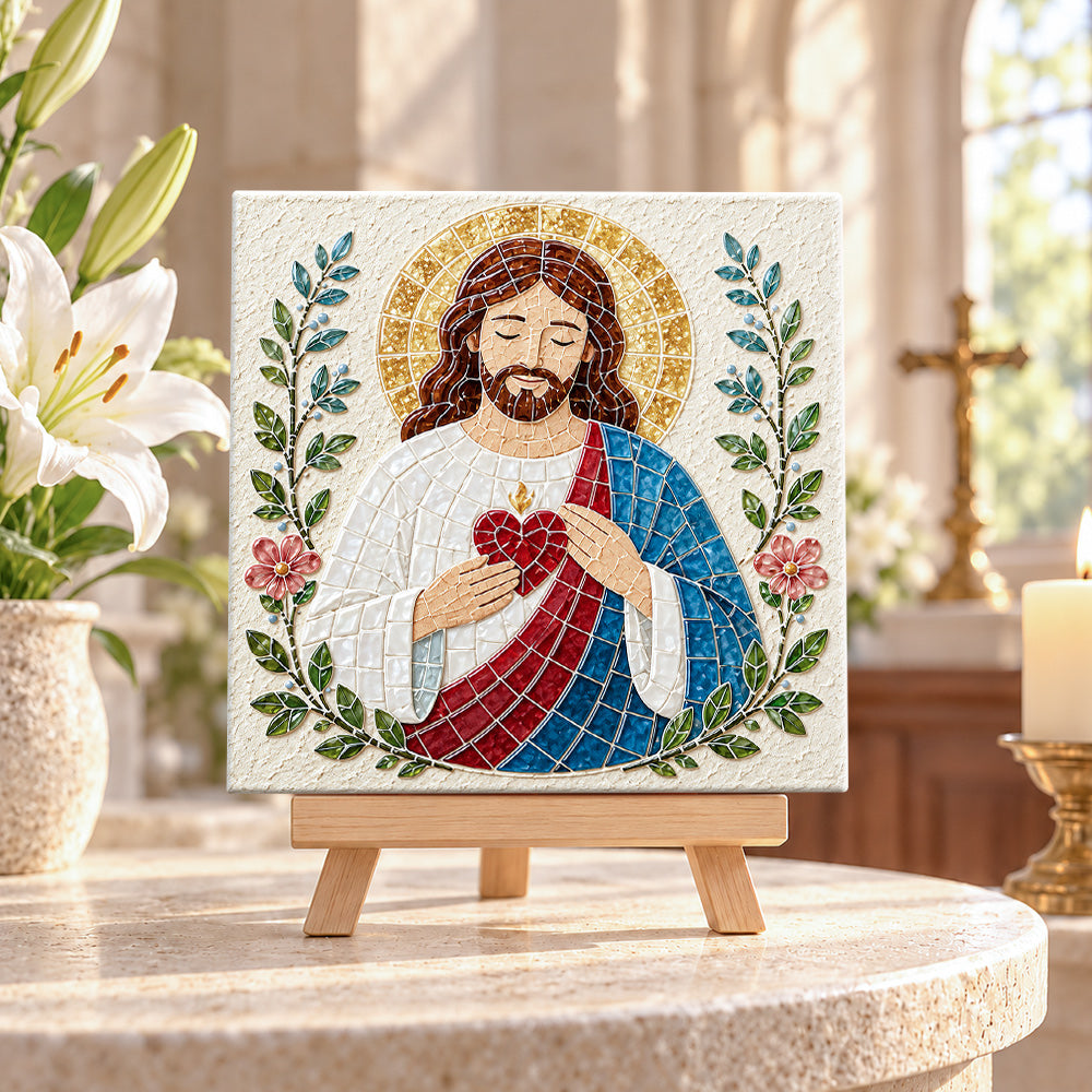 Sacred heart sea glass art kit displayed as seasonal home decor