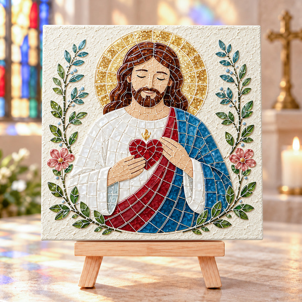 Sacred heart sea glass art kit finished artwork on display