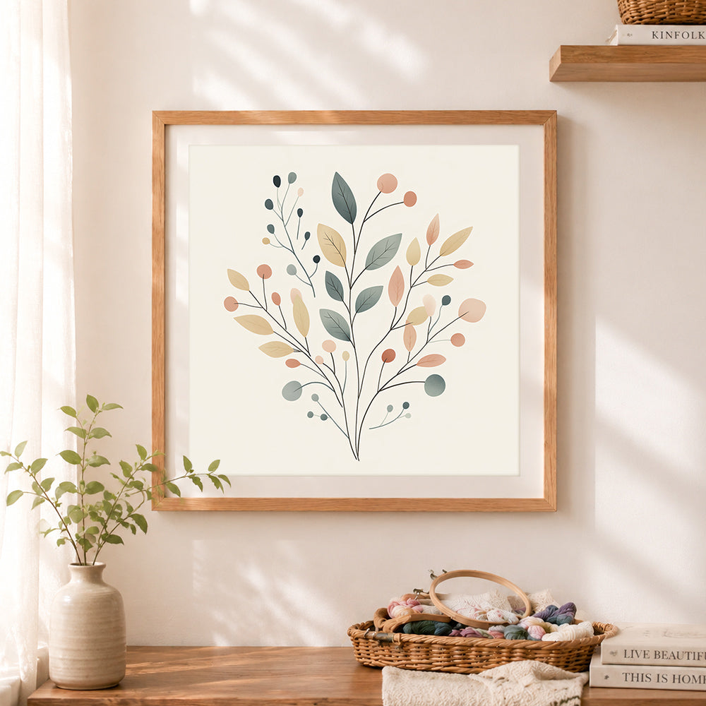 Finished sage green botanical leaves cross stitch artwork displayed as home decor