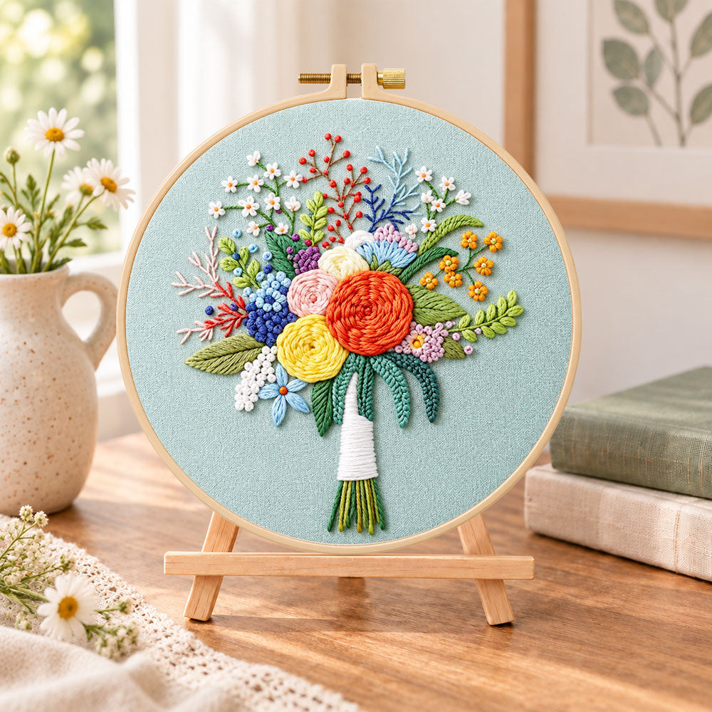 Sage green floral bouquet embroidery kit finished hoop displayed on a wooden stand as cozy tabletop decor
