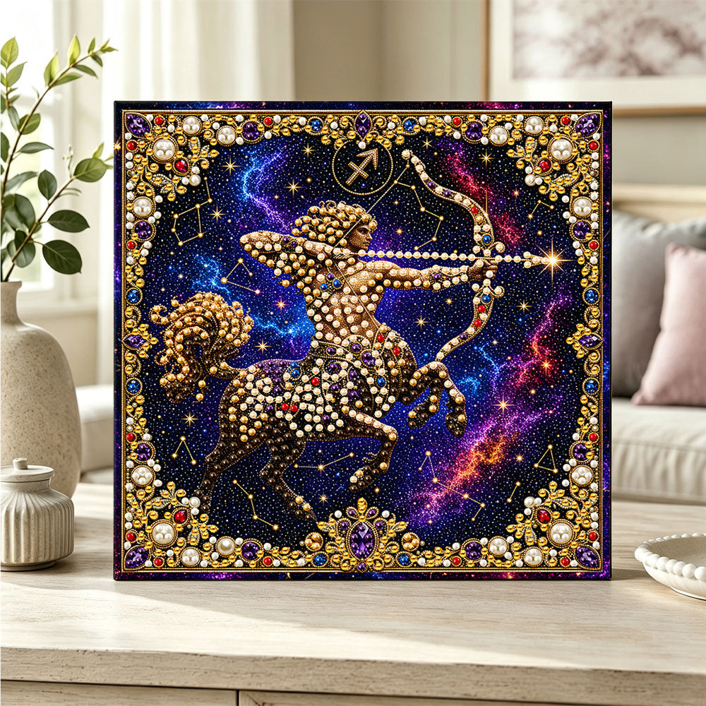 Finished sagittarius archer pearl diamond painting artwork displayed as home decor