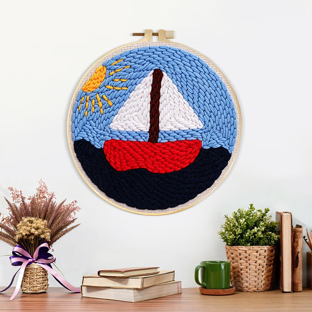 Finished sailboat on the sea under the sunlight artwork displayed on a wall