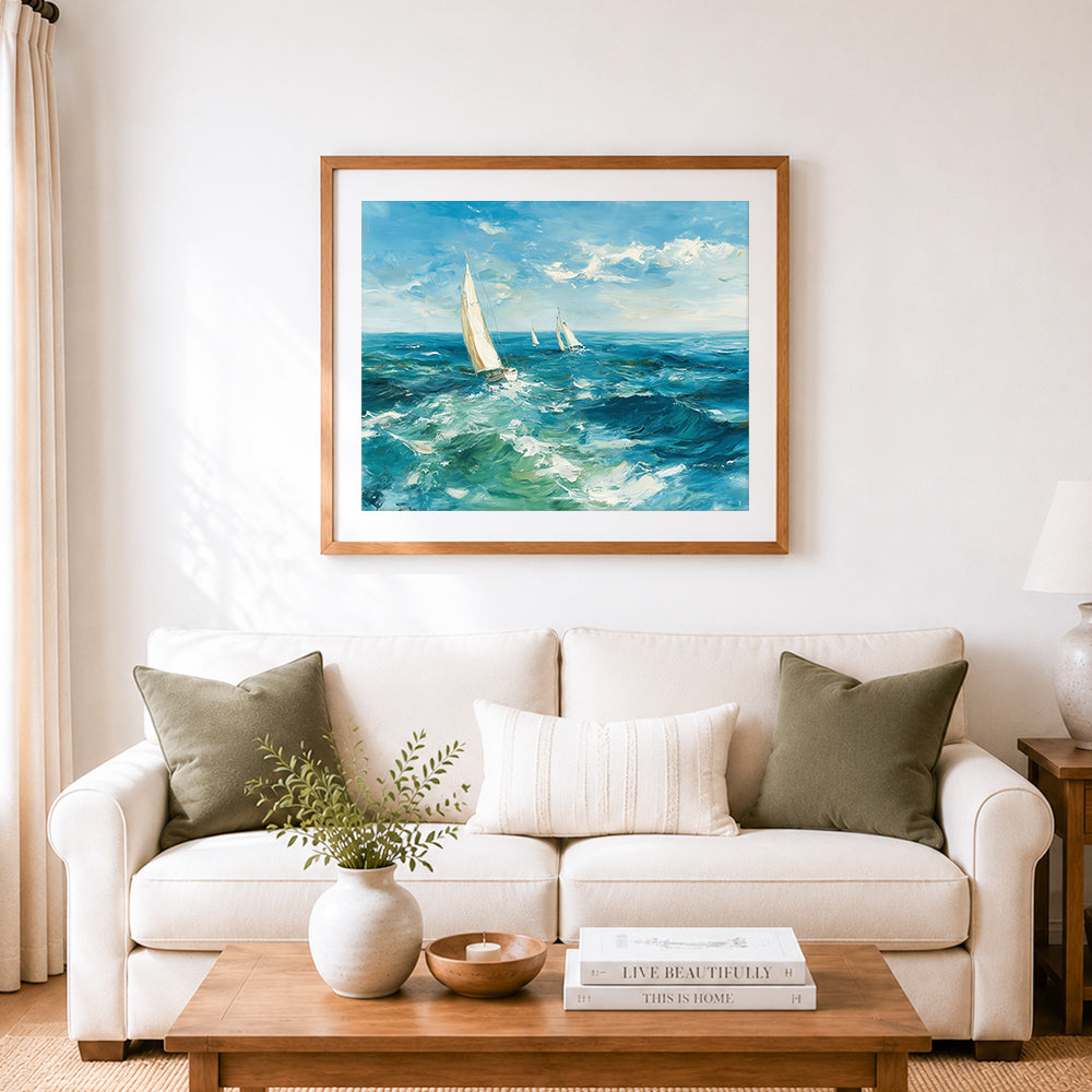 Finished sailboats on turquoise waves cross stitch artwork displayed as home decor