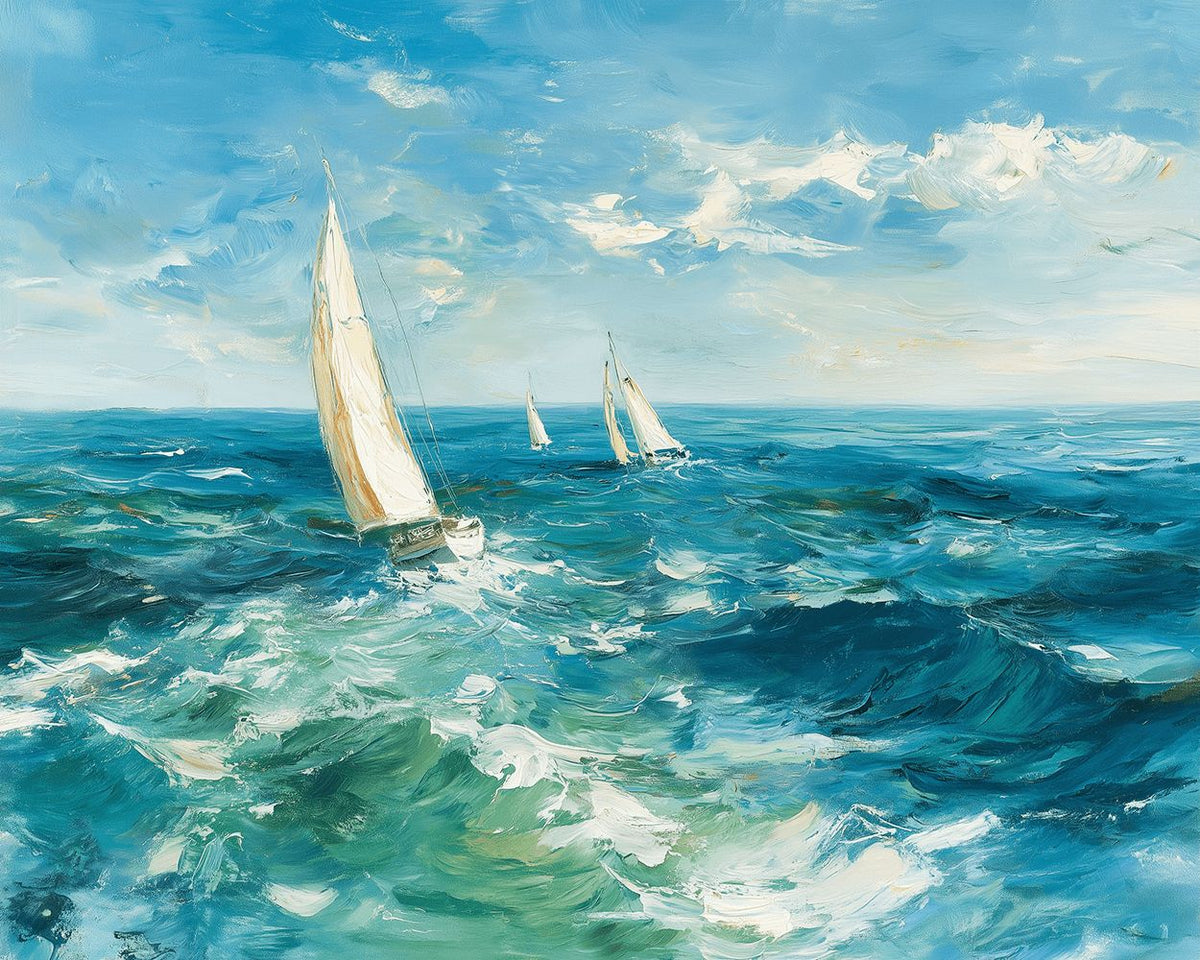 Sailboats on turquoise waves cross stitch kit for beginners