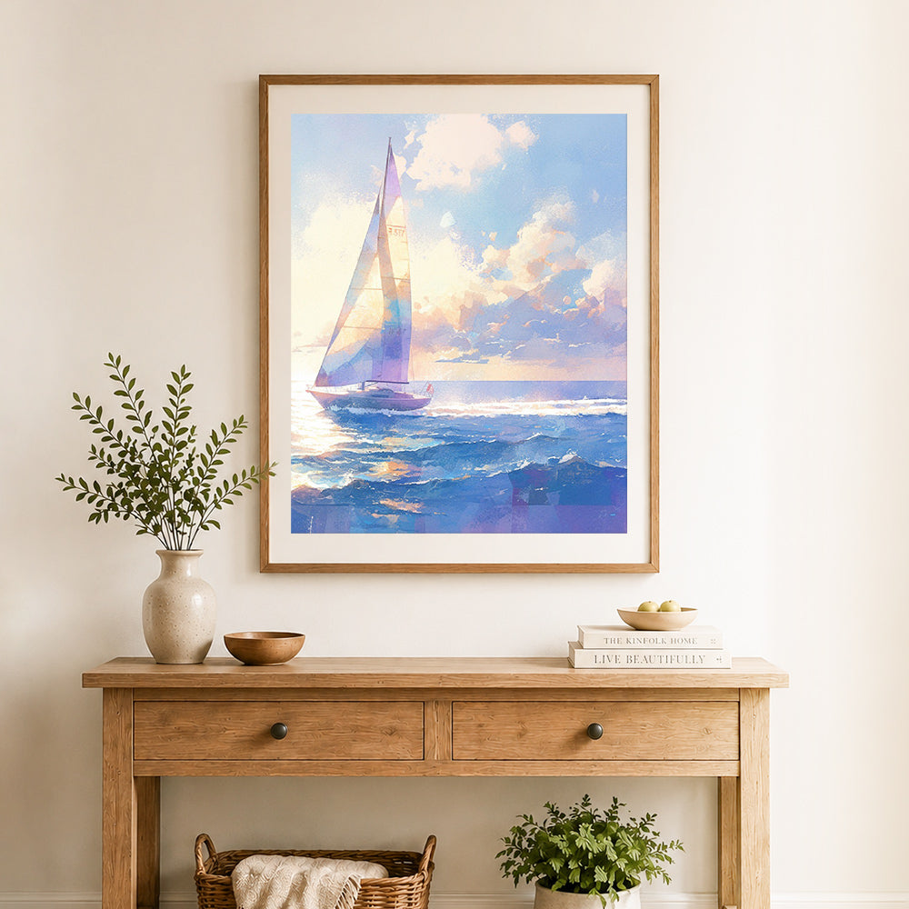 Finished sailing on open ocean cross stitch artwork displayed as home decor