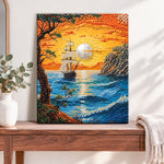 Finished sailing ship at golden hour pearl diamond painting artwork displayed as home decor