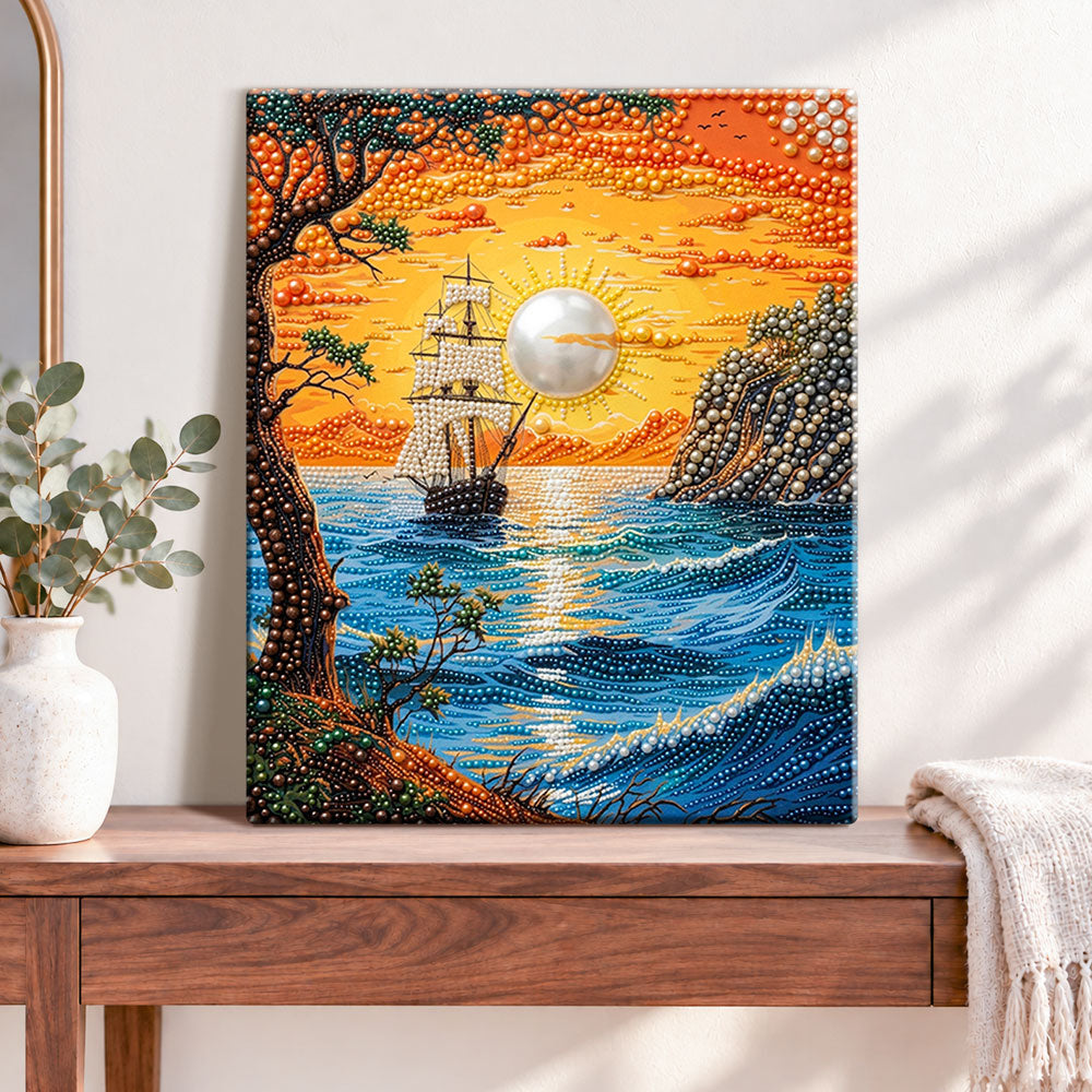 Finished sailing ship at golden hour pearl diamond painting artwork displayed as home decor