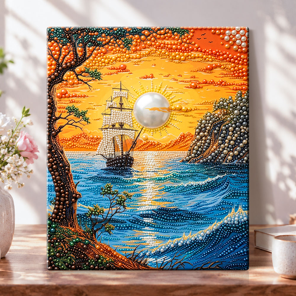 Sailing ship at golden hour pearl diamond painting kit for beginners