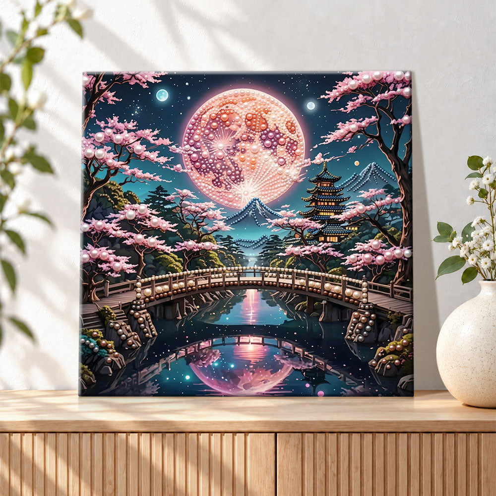 Finished sakura night moon landscape pearl diamond painting artwork displayed as holiday home decor