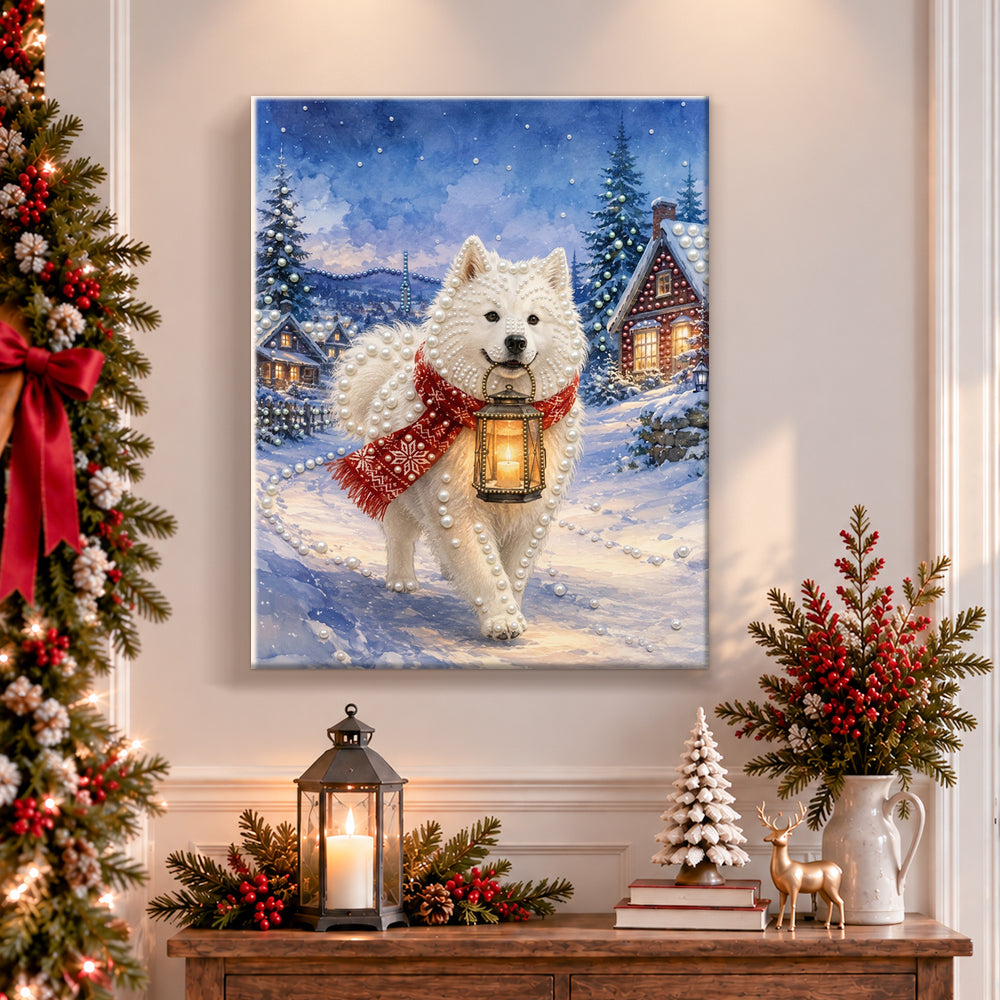 Finished samoyed holding lantern in snow pearl diamond painting artwork displayed as holiday home decor