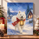 Samoyed holding lantern in snow pearl diamond painting kit for beginners