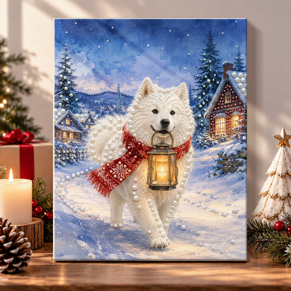Samoyed holding lantern in snow pearl diamond painting kit for beginners