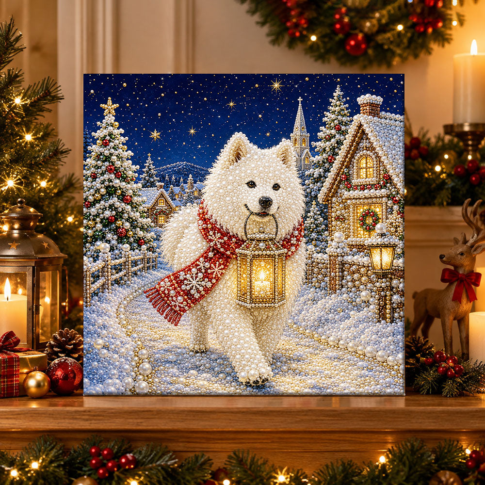 Finished samoyed holding lantern pearl diamond painting artwork displayed as holiday home decor