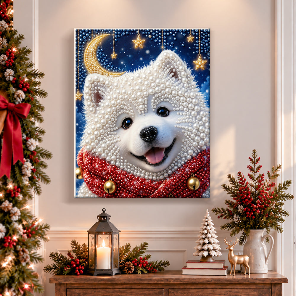 Finished samoyed with christmas scarf pearl diamond painting artwork displayed as holiday home decor