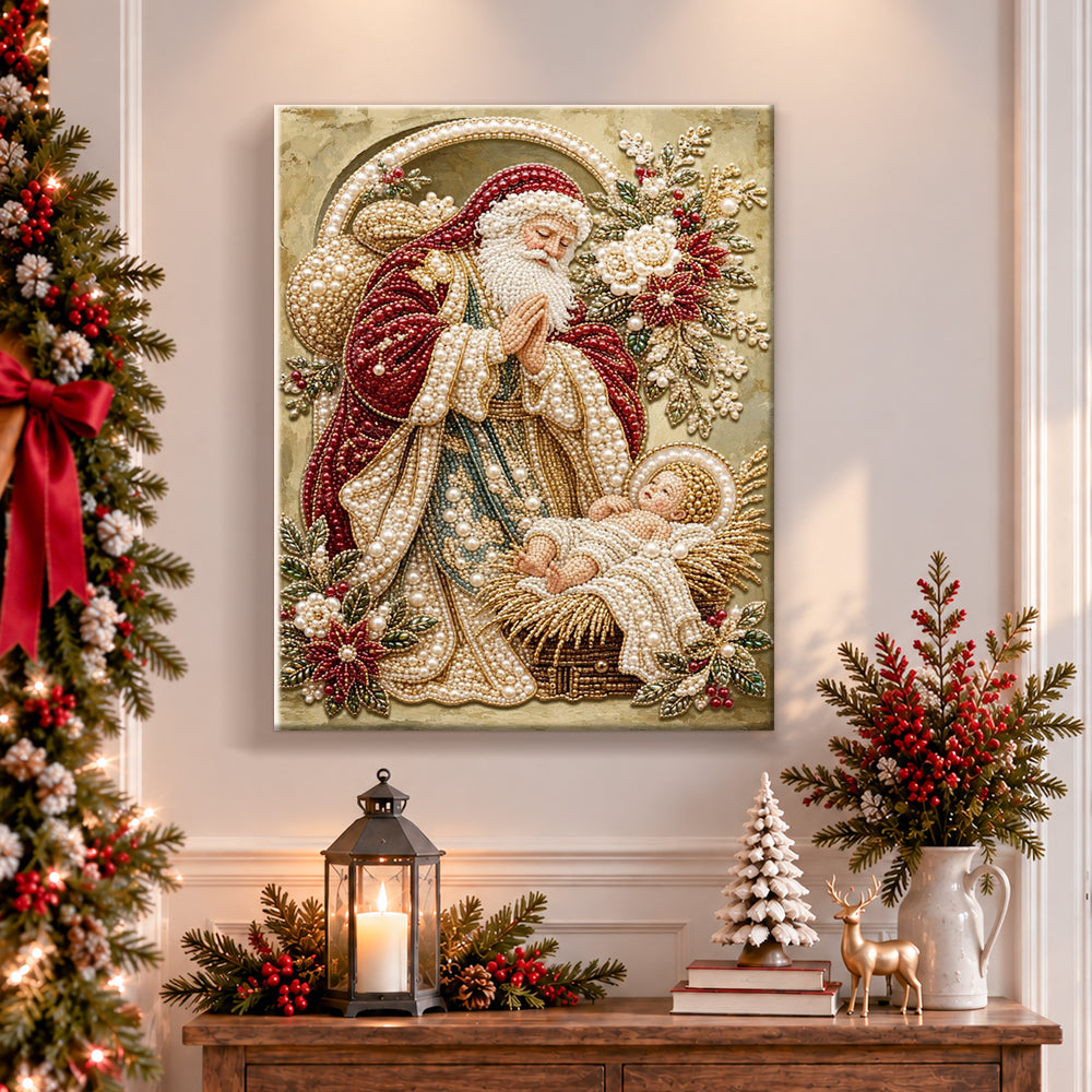 Finished santa adoring baby jesus pearl diamond painting artwork displayed as holiday home decor