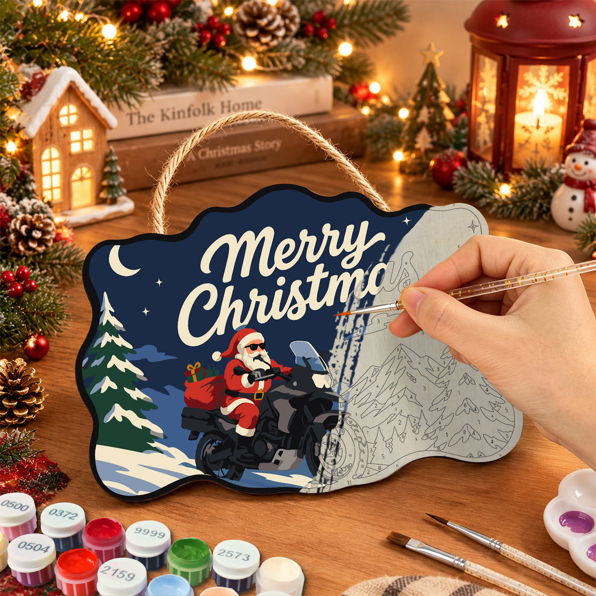 Santa adventure motorcycle paint by numbers door hanger painting process