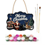 Santa and cool reindeer at gas station paint by numbers door hanger with paints and brushes