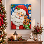 Finished santa and cute reindeer pearl diamond painting artwork displayed as holiday home decor