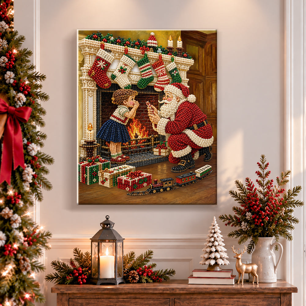 Finished santa and little kid by fireplace pearl diamond painting artwork displayed as holiday home decor