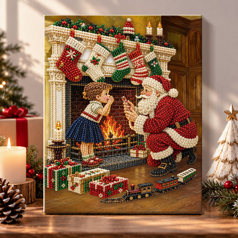 Santa and little kid by fireplace pearl diamond painting kit for beginners