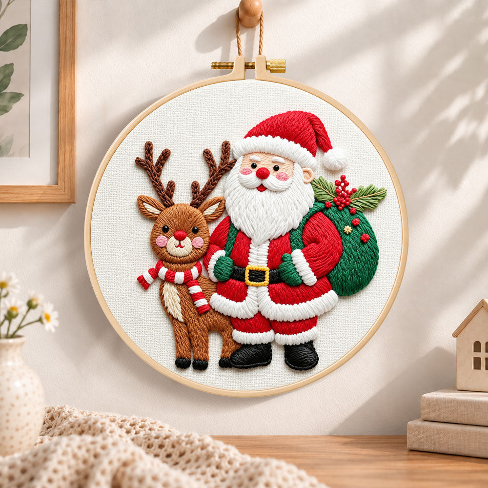 Santa and reindeer companions embroidery hoop wall art displayed as warm and cozy handmade home decor