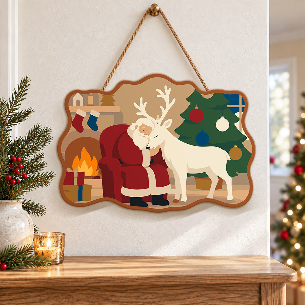 Santa and reindeer cozy night paint by numbers door hanger as indoor wall decor