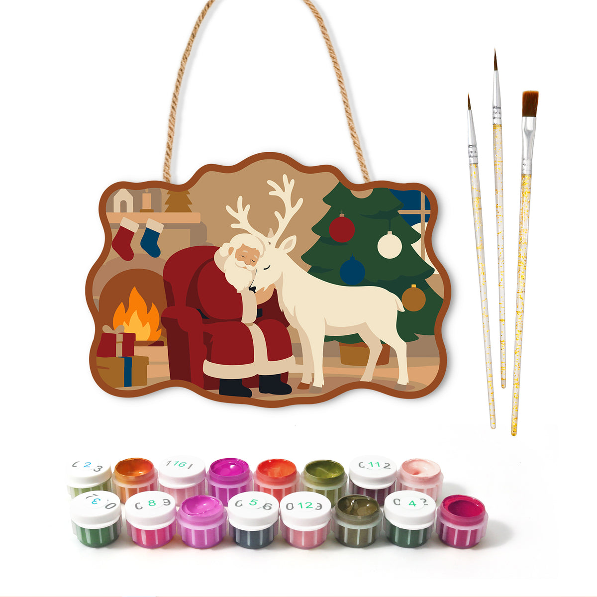 Santa and reindeer cozy night paint by numbers door hanger with paints and brushes