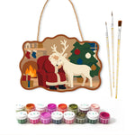 Santa and reindeer cozy night paint by numbers door hanger with paints and brushes