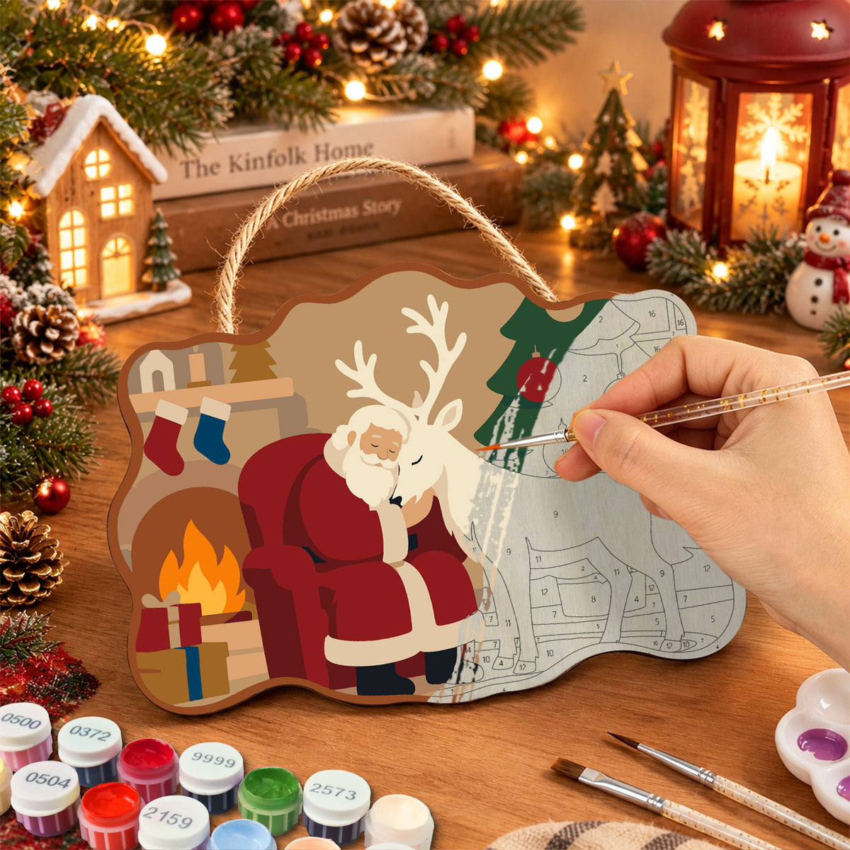 Santa and reindeer cozy night paint by numbers door hanger painting process