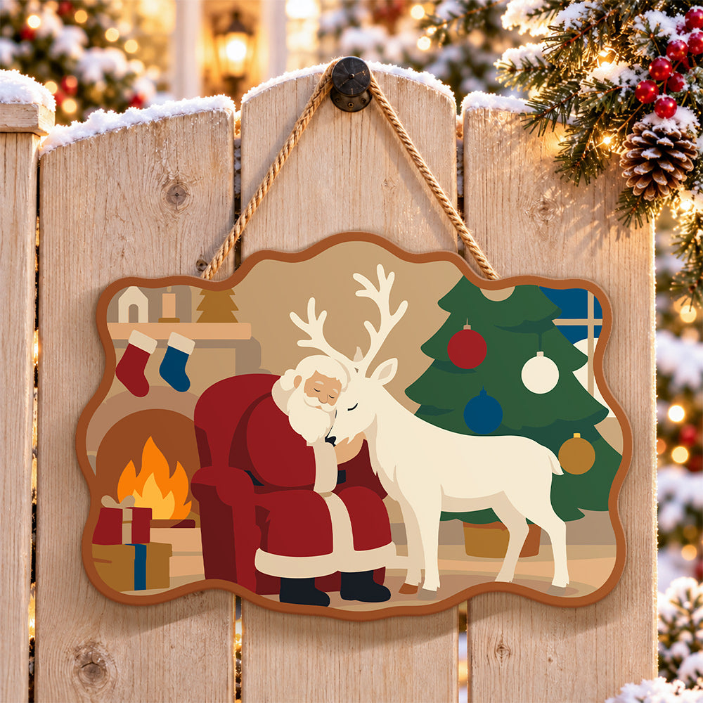 Santa and reindeer cozy night paint by numbers door hanger on a garden gate