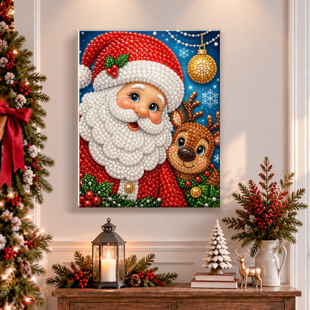 Finished santa and reindeer magic pearl diamond painting artwork displayed as holiday home decor