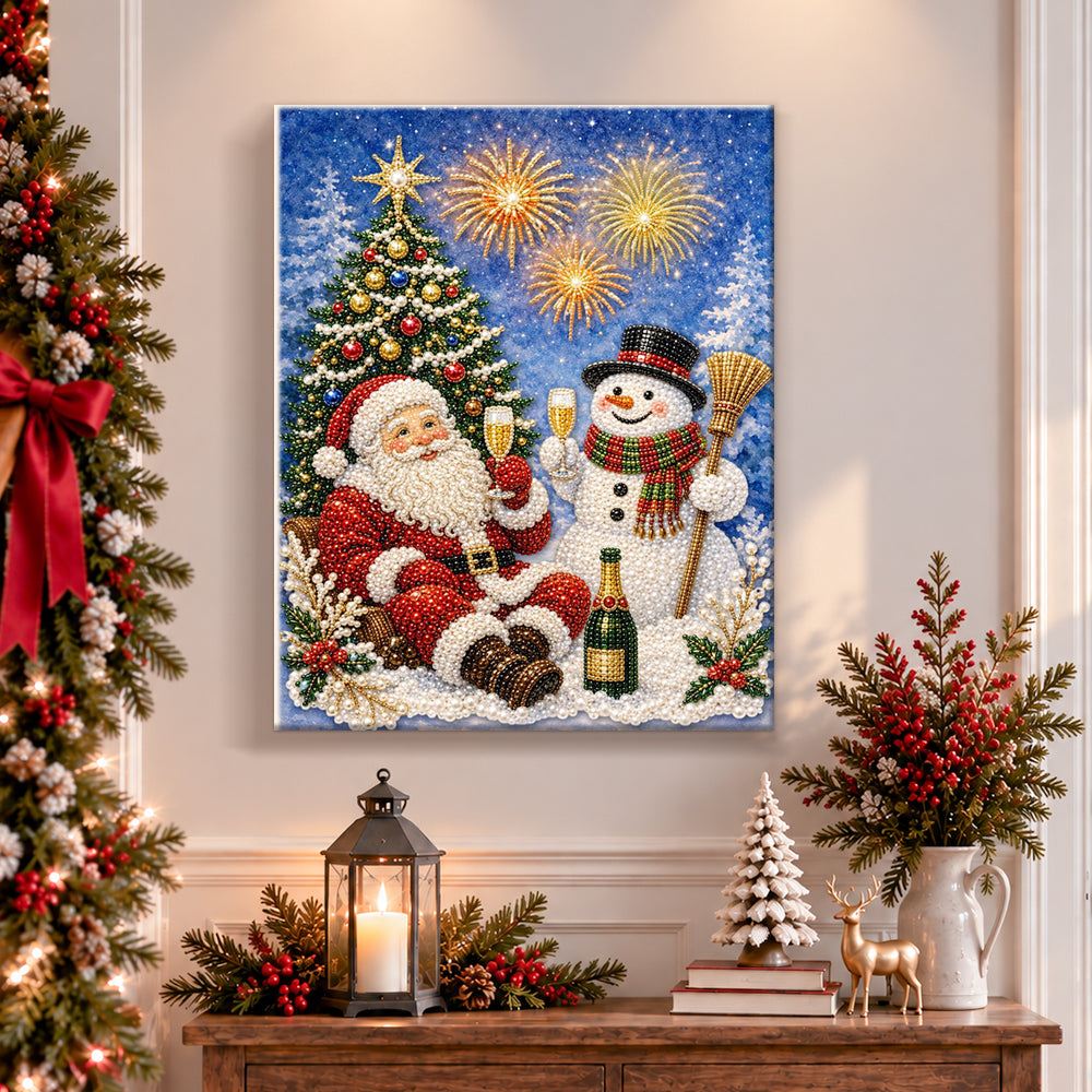 Finished santa and snowman fireworks celebration pearl diamond painting artwork displayed as holiday home decor