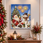 Finished santa and snowman fireworks celebration pearl diamond painting artwork displayed as holiday home decor