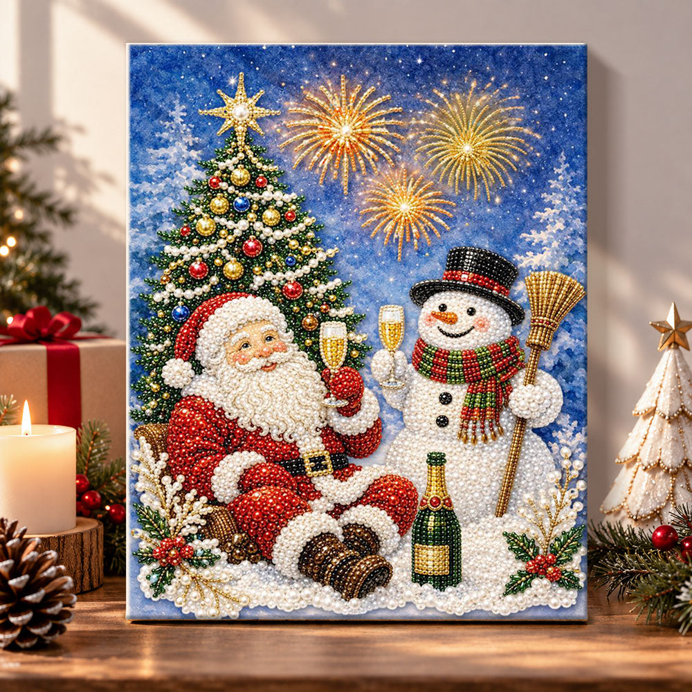 Santa and snowman fireworks celebration pearl diamond painting kit for beginners